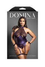 Domina Gartered Bustier, Crotchless Panty & Restraints -Purple